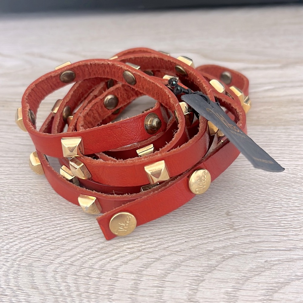Vita Fede Orange-Red Leather Multiwrap Belt with Gold Studs